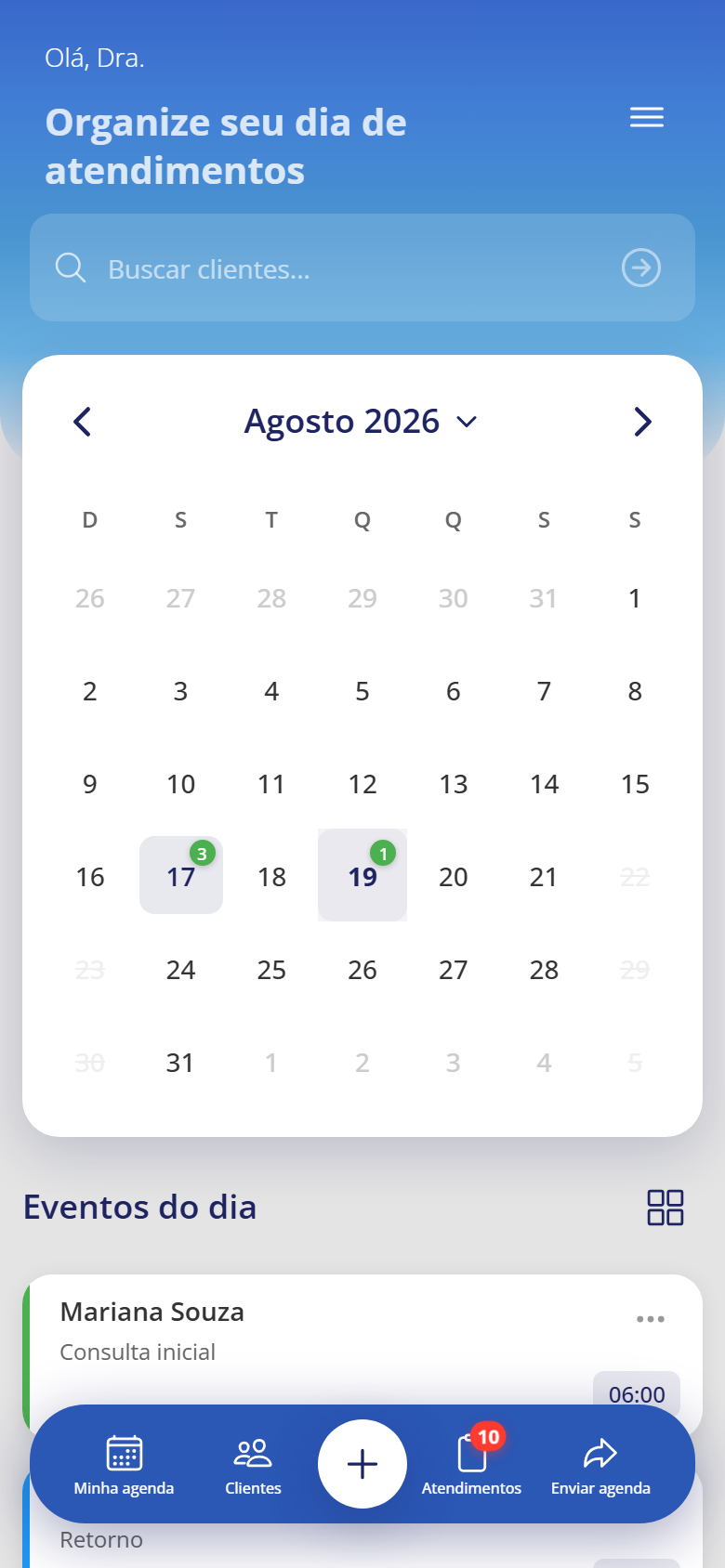 Tela do aplicativo IPLEN mostrando a agenda do mês e os atendimentos do dia